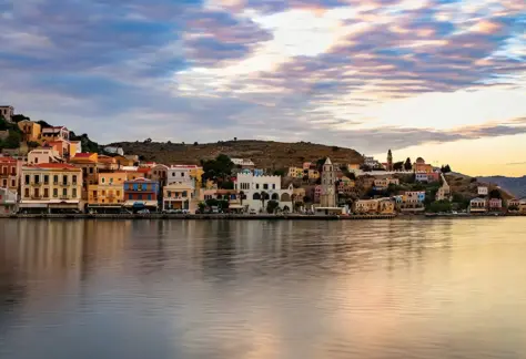 simi island town view by sunset